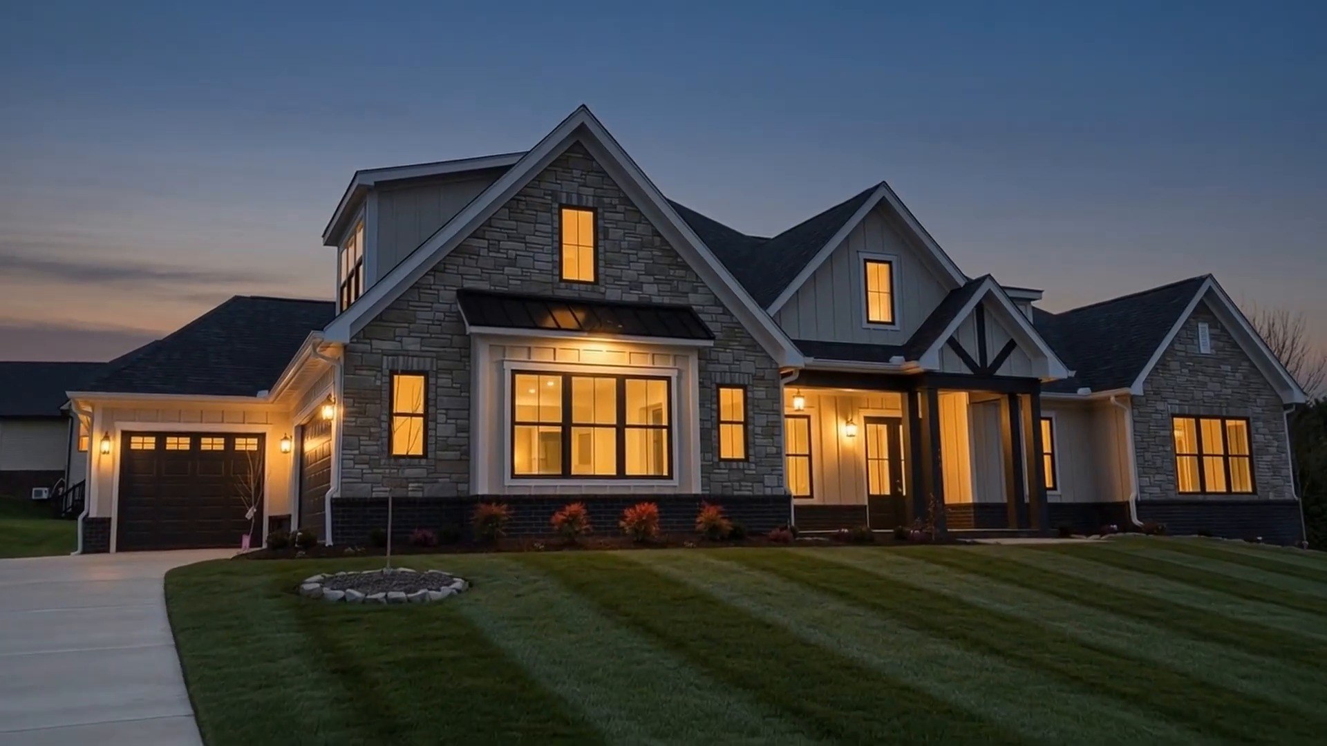 Stone, Board-and-Batten, Black Windows